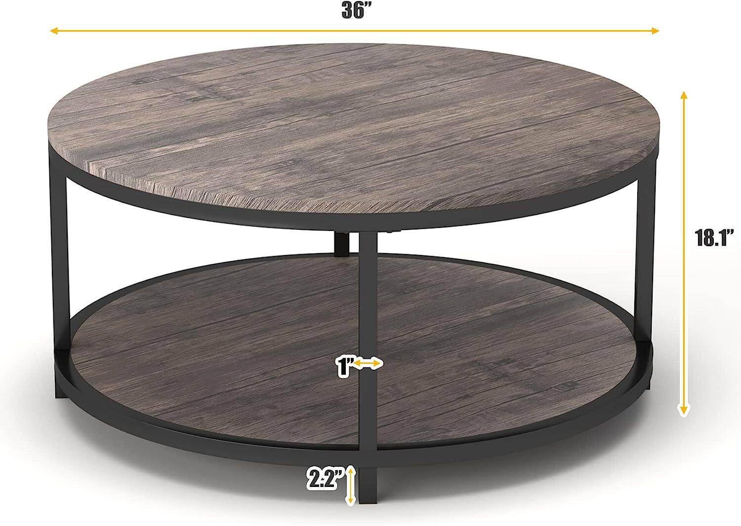 圆形咖啡桌2层乡村风格木质桌面和坚固金属腿桌现代设计家具带储