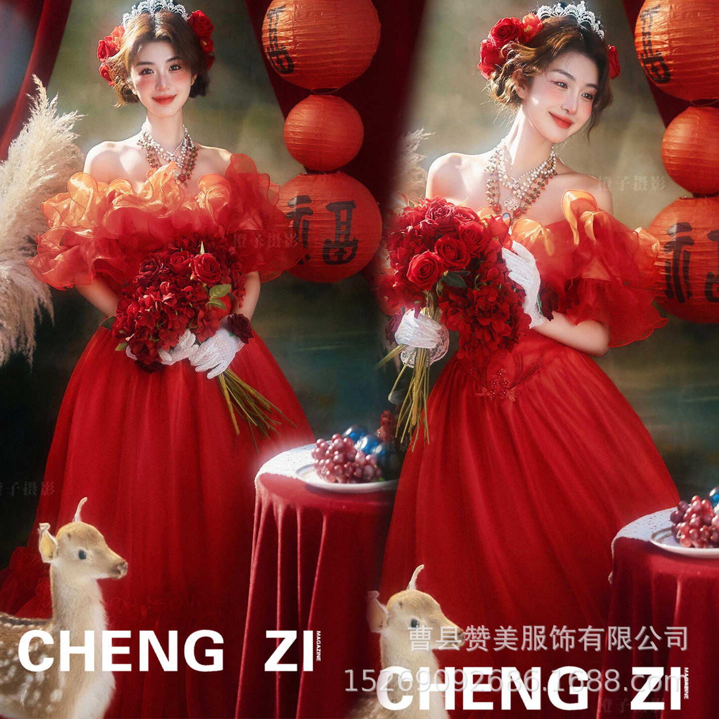 影楼新款韩系法式复古红色抹胸裙氛围感巴洛克少女写真摄影艺术照