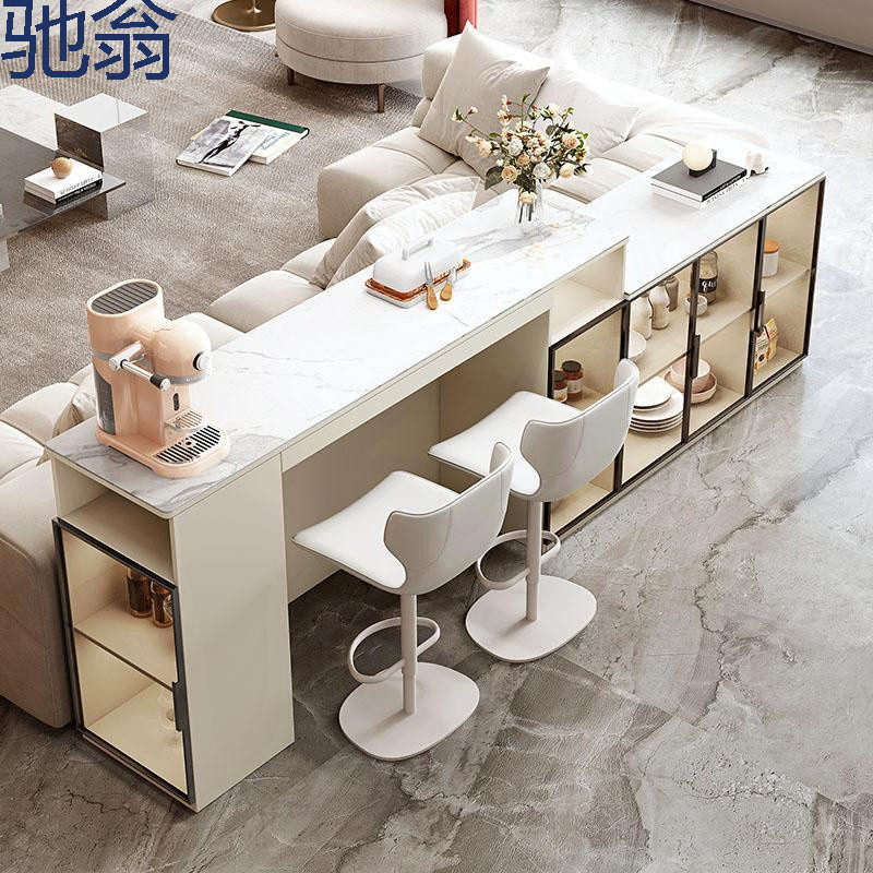 2026轻奢家用开放式岩板餐桌吧台一体厨房长条桌客厅沙发隔断柜阳