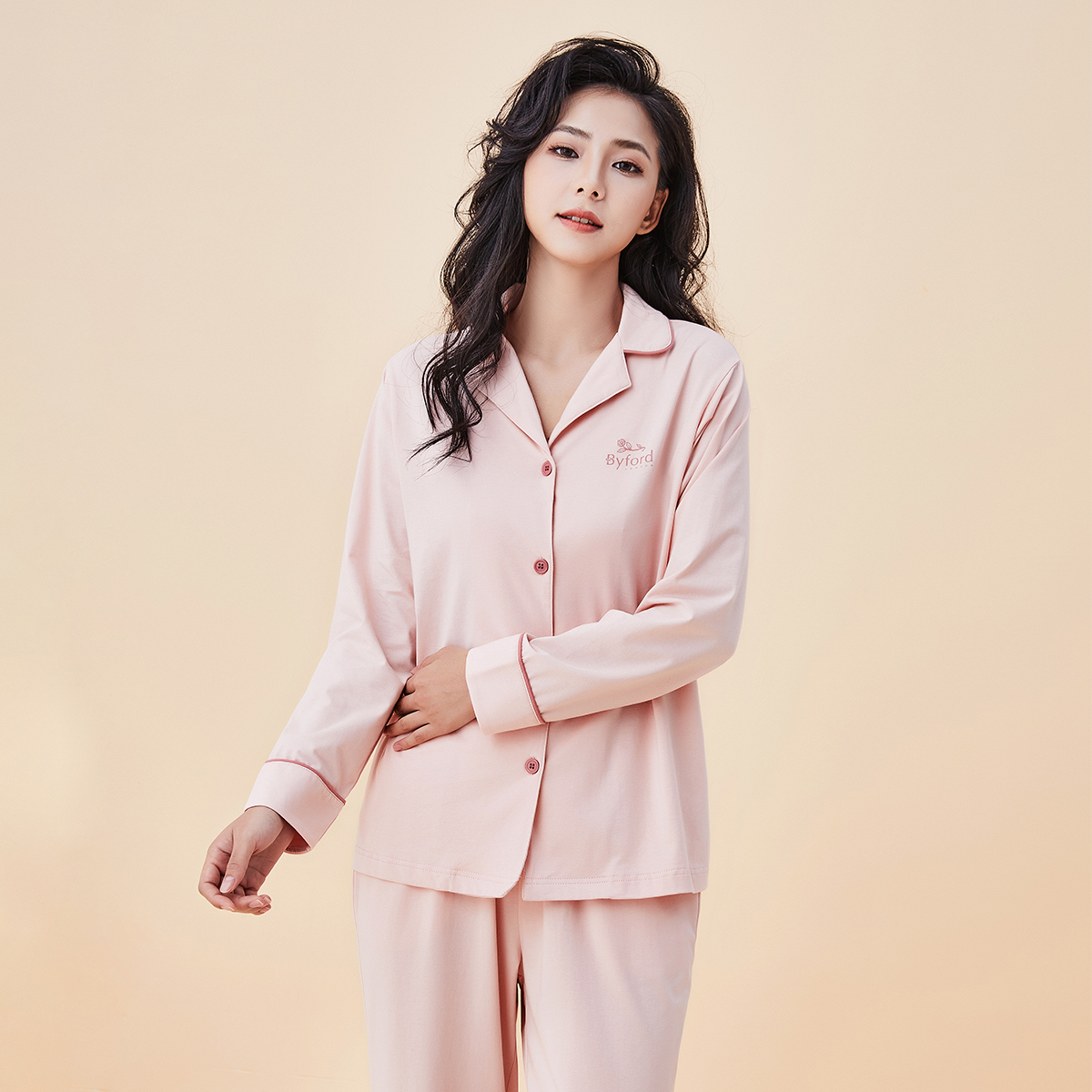 BYFORD/百富女士翻领开衫睡衣春秋棉质舒适亲肤家居服套装可外穿