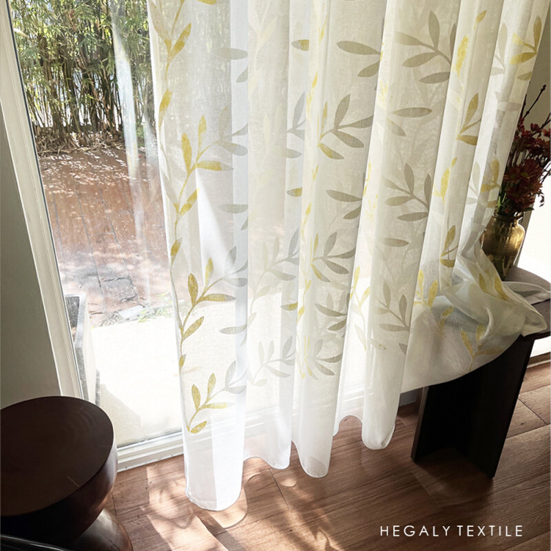 HEGALY 渡辉叶影窗纱透光窗帘黄白渐变客厅卧室日式简约复古花卉