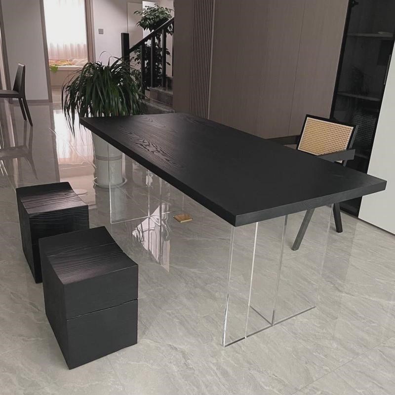 北美白蜡木整板茶桌实木大板自然边E碳化书桌双拼亚克力餐桌