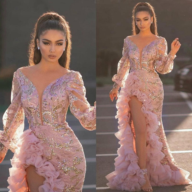 21 sexy pink long mesh evening gown with trailing tail晚礼服