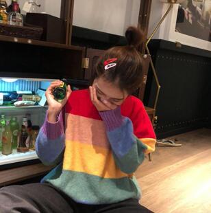 甜美小清新彩虹条纹毛衣女韩版慵懒风宽松撞色套头学生针织衫外套