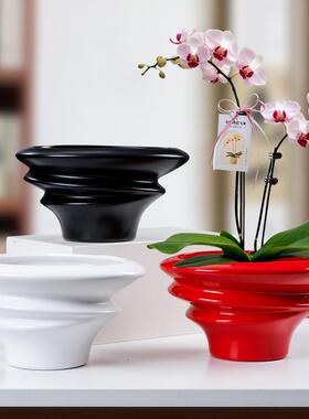 北欧轻奢红色异型陶瓷花盆大号送托盘家用客厅兰花吉姆蕨绿植盆