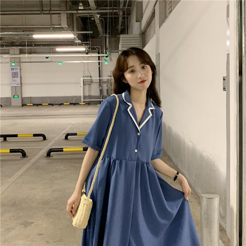 小清新娃娃领短袖连衣裙女2019夏装新款过膝中长裙百搭显瘦裙子69.90元包邮