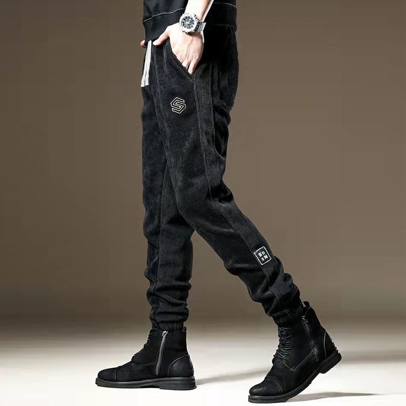 2024新款灯芯绒束脚裤子男生春秋款拼接休闲裤运动卫裤宽松长裤