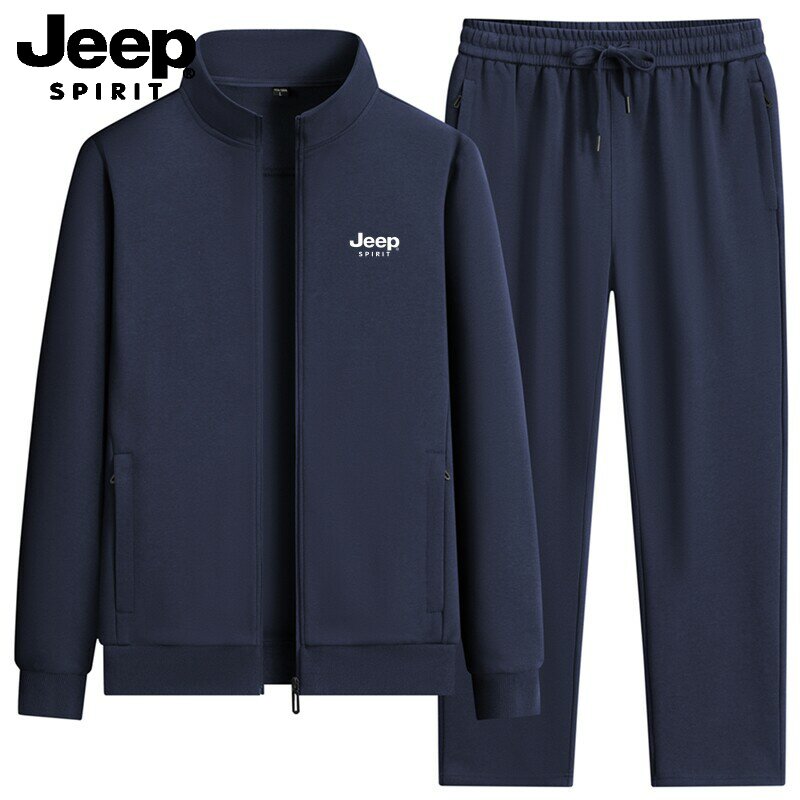 吉普JEEP套装男士秋冬新款中年大码休闲立领开衫外套冬季加绒套装
