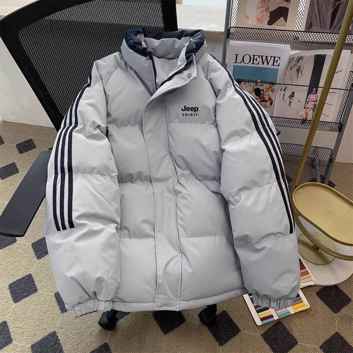 吉普JEEP冬季立领棉服男女同款加厚保暖防寒宽松运动条纹棉衣