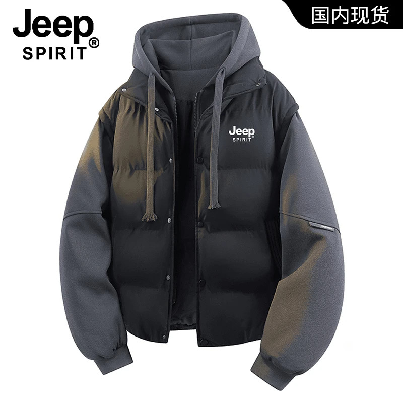 吉普JEEP宽松加肥加大假两件连帽棉衣男冬季加厚保暖外套帅气