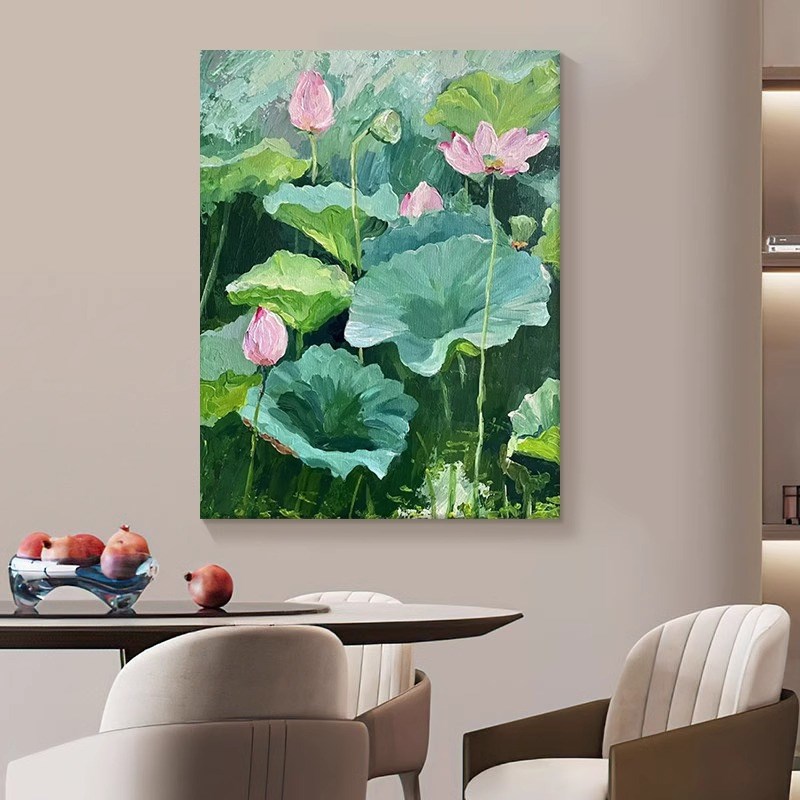 大芬村油画荷花客厅装饰画好运z连连花卉玄关莲花肌理手绘餐厅挂图片