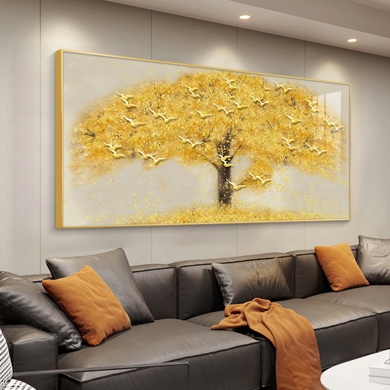 客厅沙发背景墙j装饰画挂画摇钱发财树壁画高级感简约现代图片
