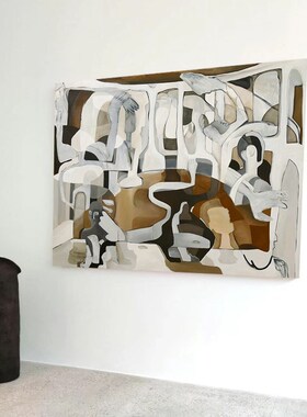 手绘油画棕灰色几何抽q象挂画客厅E餐厅横幅艺术装饰画别墅大厅墙