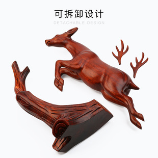 客厅桌面木质装 新中式 饰 实木雕z刻鹿摆件 鹿鹿来财红木手工艺品