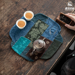 草木柿色扎染侘寂风手工拼布刺绣户D外干泡茶N席老粗布桌旗棉麻壶