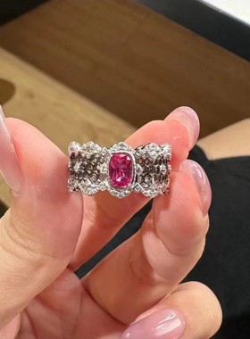 小红书同款黑金分色手工蕾丝红刚玉百搭戒指 不易掉色气质指环