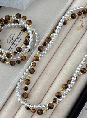 新中式复古高品质天然虎眼石人造澳白珍珠双层可拆卸项链毛衣链