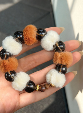 秋冬毛绒天然茶晶紫水晶虎眼石水晶手串高级感美拉德新年手饰串珠