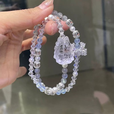 天然白水晶拉长石双圈手链凤九九尾狐手牌小众高级感月光石手串