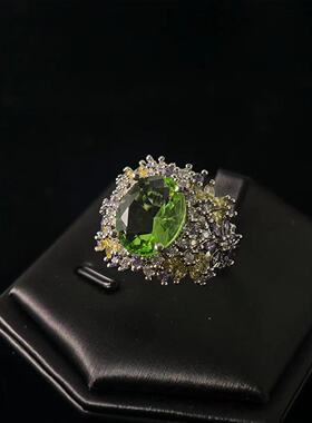 欧美直播热销重工薄荷绿彩宝戒指高级小众设计镶满钻气质百搭
