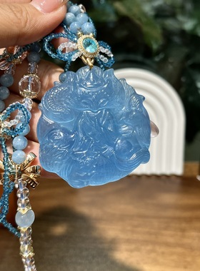 天然老矿星光透体魔鬼蓝海蓝宝五仙赐福九尾狐吊坠毛衣链狐狸礼物