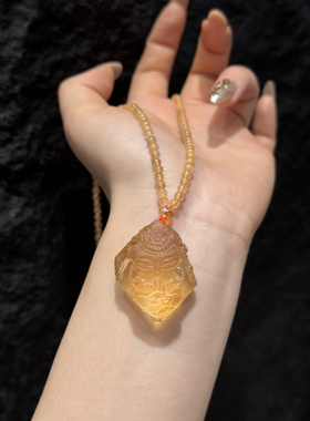 巴西黄水晶九尾狐狸牌仙坐莲吊坠天然发晶珠链寓意招财 平安 祈福