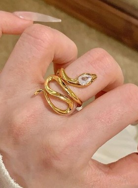 中古金色蛇形缠绕戒指女小众独特设计尾戒蛇个性高级感指环