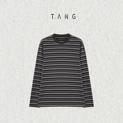 阿汤哥TANG[墨色]色织条纹圆领T恤2025年秋冬新款长袖打底上衣
