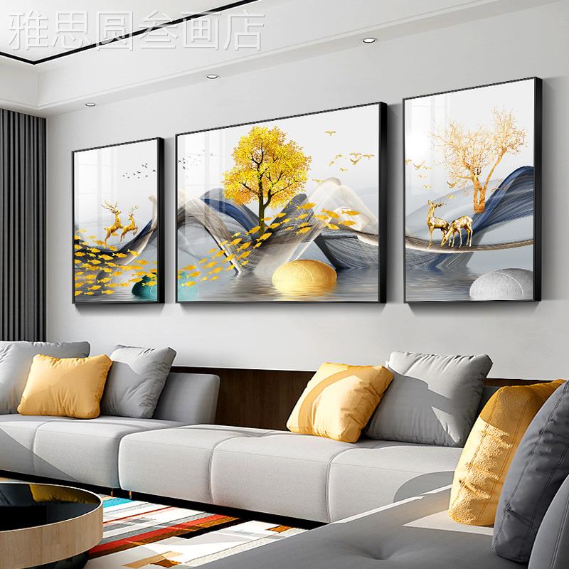 网红福禄似锦客厅鹿装饰画轻奢抽象沙景约发背墙挂画现代简麋三联图片