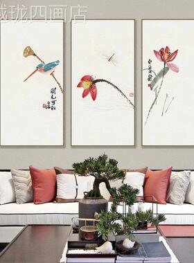 网红新中式客厅三联装饰画国张千水画墨大荷壁花画国风书房中茶室