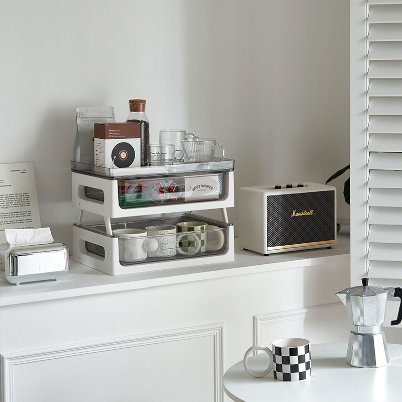 抽屉式桌面收纳塑料多层透明置物架茶水间防尘杯子茶包咖啡收纳盒