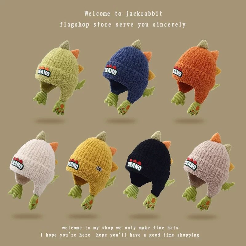 加厚中大童恐龙男女童针织帽毛线帽潮儿童帽子秋冬款恐龙新款护耳