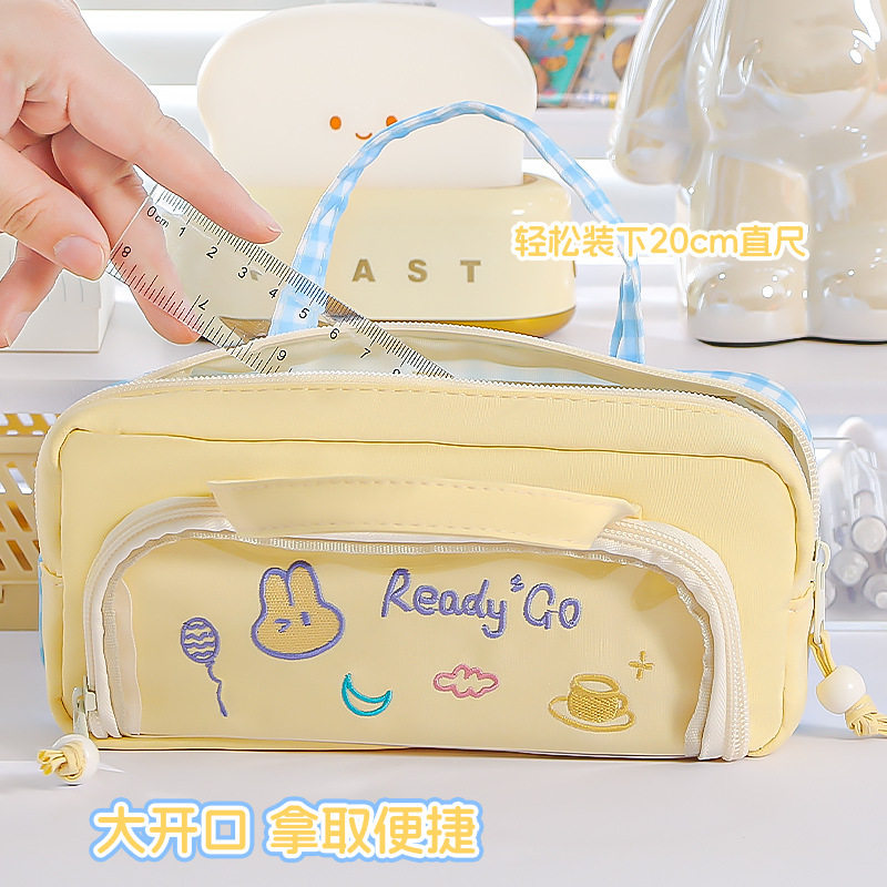 大容量ins风幸运星刺绣笔袋手提拼色设计感格子高颜值小众文具袋