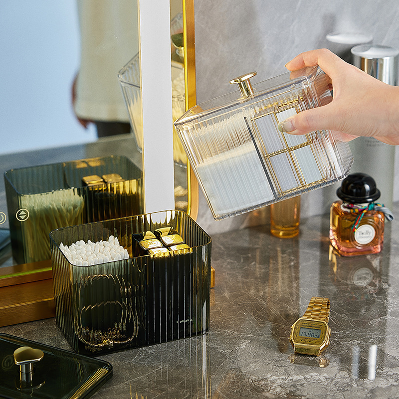 化妆棉棉签收纳盒桌面有盖卸妆棉牙签筒家用轻奢分格化妆刷口红盒