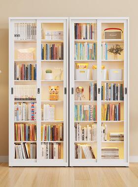 书柜推拉门玻璃客厅带门一体式靠墙儿童书架落地家用多层放书本架