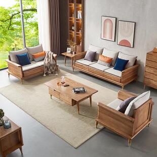 白蜡木实木沙发出租房小户型布艺储物三人位收纳榫卯原木色原木风