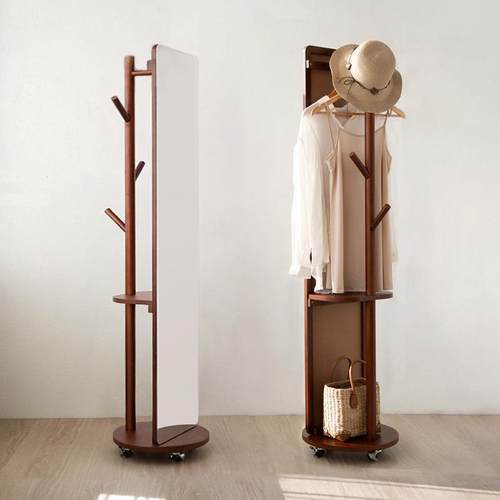 现货北欧实木旋转穿衣镜子落地镜衣帽架全身镜试衣挂衣架一体