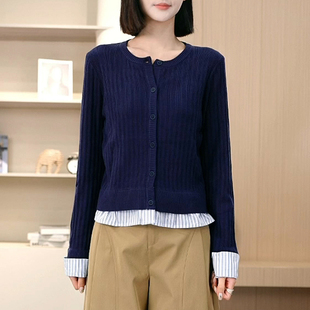 设计感百搭毛衣0444 新款 条纹拼接假两件针织开衫 女2025秋季