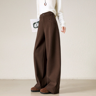 女冬新款 裤 加绒加厚呢子镰刀宽松休闲裤 子女款 子 棕色裤 弯刀阔腿裤