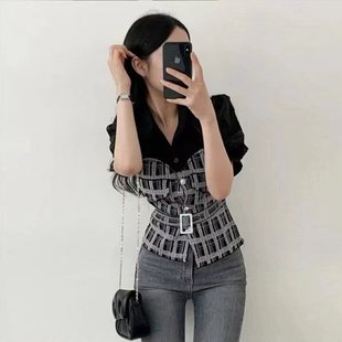 韩系2025女夏季减龄假两件Polo领拼接格子针织显瘦泡泡袖衬衫上衣