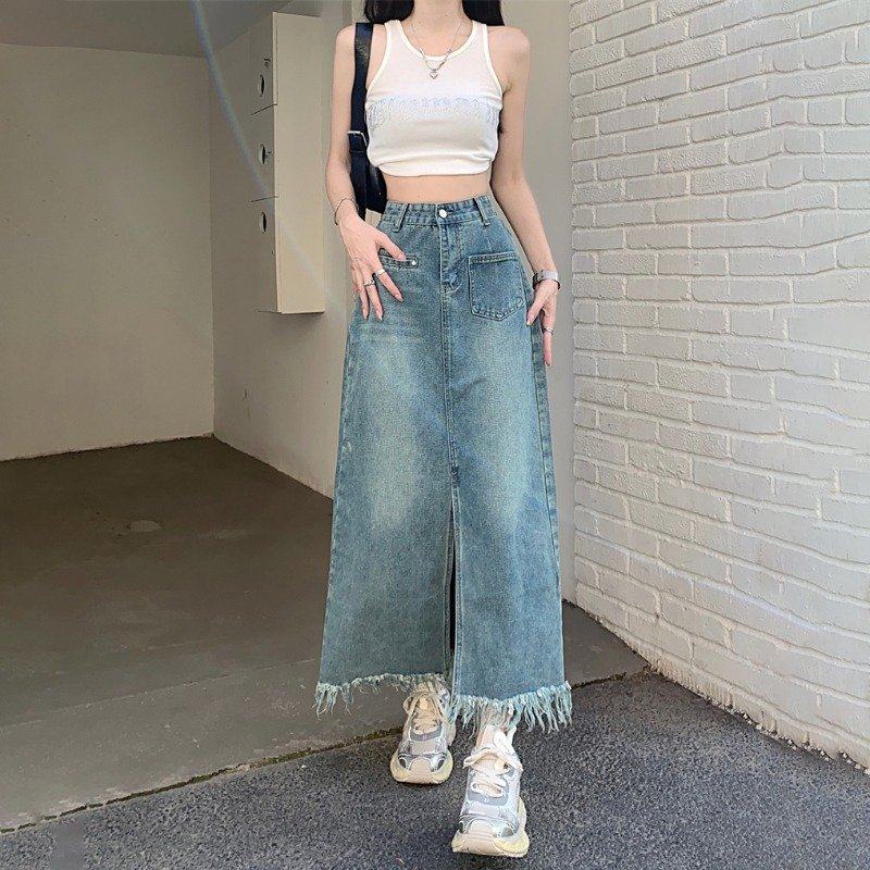 牛仔半身裙女复古开叉毛边春夏季新款小个子高腰显瘦a字中长裙子,女装/女士精品,大码半身裙,淘宝优惠券,粉丝福利购,淘宝优惠卷