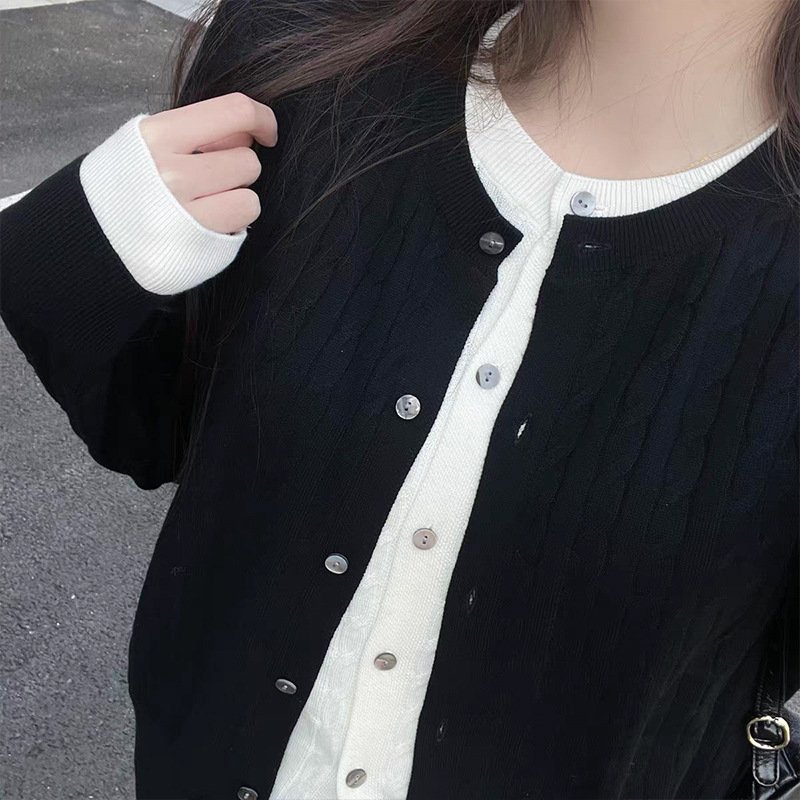高级感假两件撞色羊毛毛衣外套女25早秋新款时尚灰色绞花针织开衫