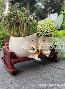 跨境创意多肉花盆树脂装饰摆件家居庭院唱歌款多肉花盆工艺品
