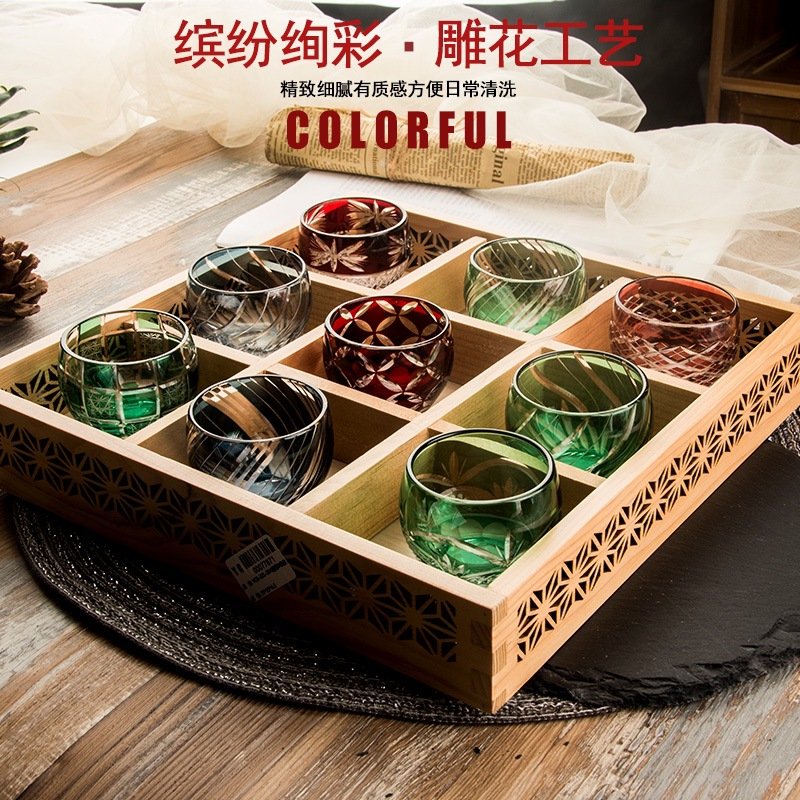 江户切子獭祭清酒杯日式套装季日礼品水晶玻璃彩色雕花果酒烈酒杯图片