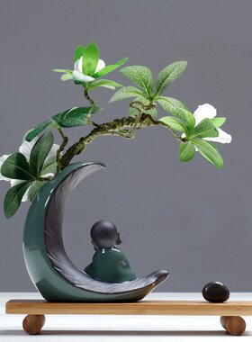 禅意小和尚陶瓷艺术品摆件居家送礼茶几办公室桌面装饰木工艺花瓶