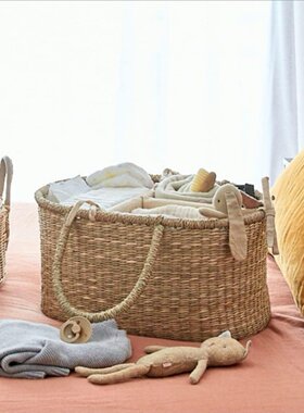 简约家用收纳篮天然海草篮婴儿用品手杂物手提篮手工编织购物装饰