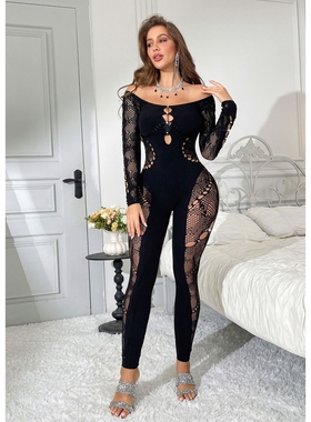 NTZ77  跨境情趣连体一字肩烫钻长袖连裤加厚款网衣
