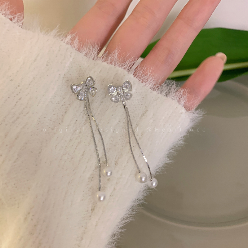 速发长款流苏珍珠蝴蝶结耳钉女轻奢高级感显脸小耳饰韩国小众气质