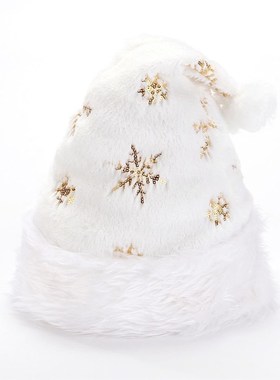 极速RM331白色毛绒p耶诞帽金银珠片雪花绣花成人耶诞帽节日家居装