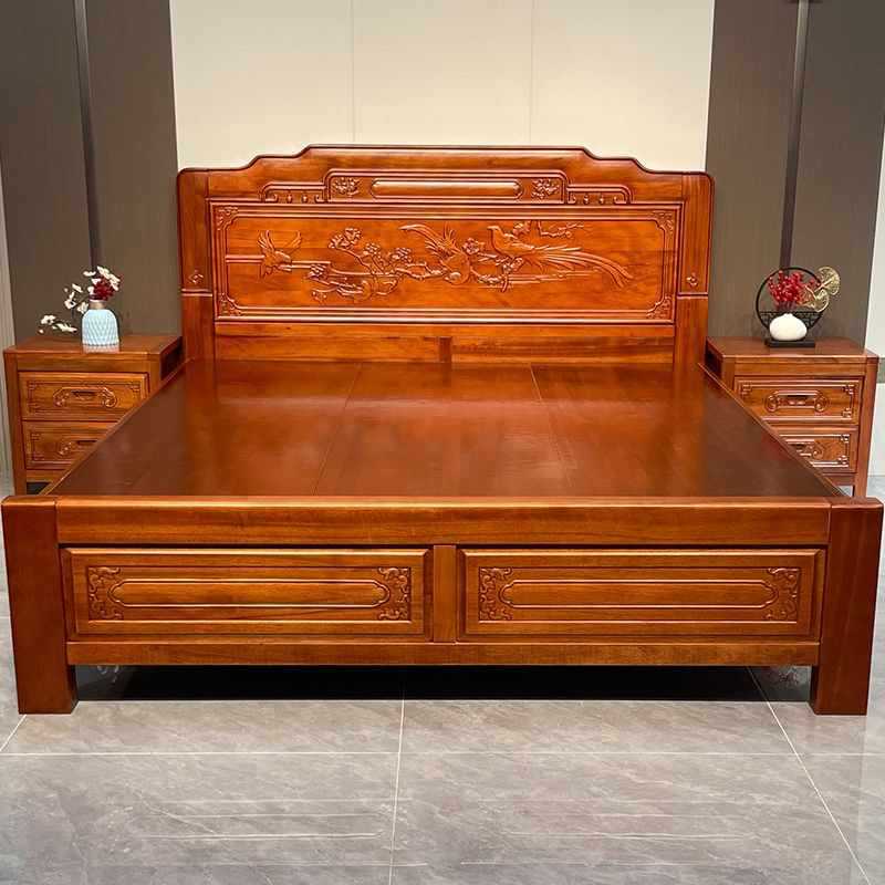 ?金花梨木新中式实木床1米8双人床主卧家用大床榫卯结构加厚单人